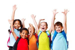 children in bright shirts on white background