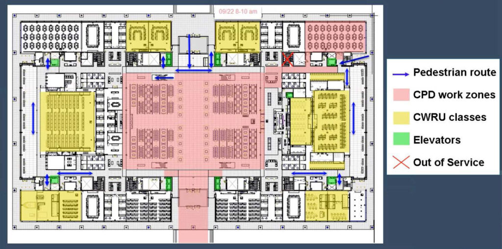 Diagram showing the first floor of the Samson Pavilion, showing where workers will be preparing for the debates, arrows designating the flow of traffic and spaces that will remain for classes