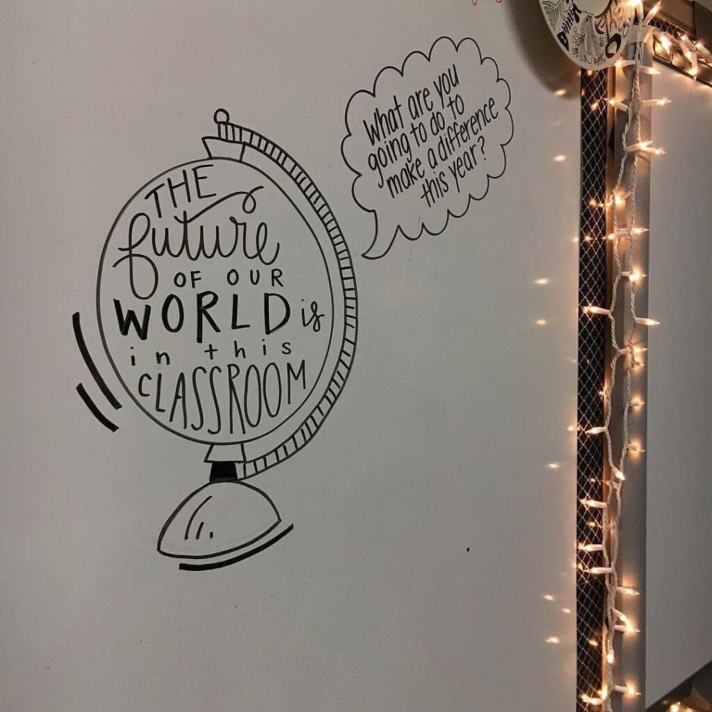 Photo of a doodle of a globe with the words "the future of the world is in this classroom" written inside it and a thought bubble that says "what are you going to do to make a difference this year?"